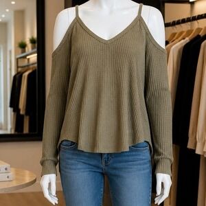 Honey Punch Womens Top Olive Green Waffle Knit Cold Shoulder Medium